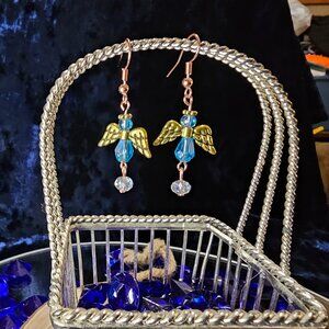 Light Blue Beaded Golden Angel Dangle Earrings
